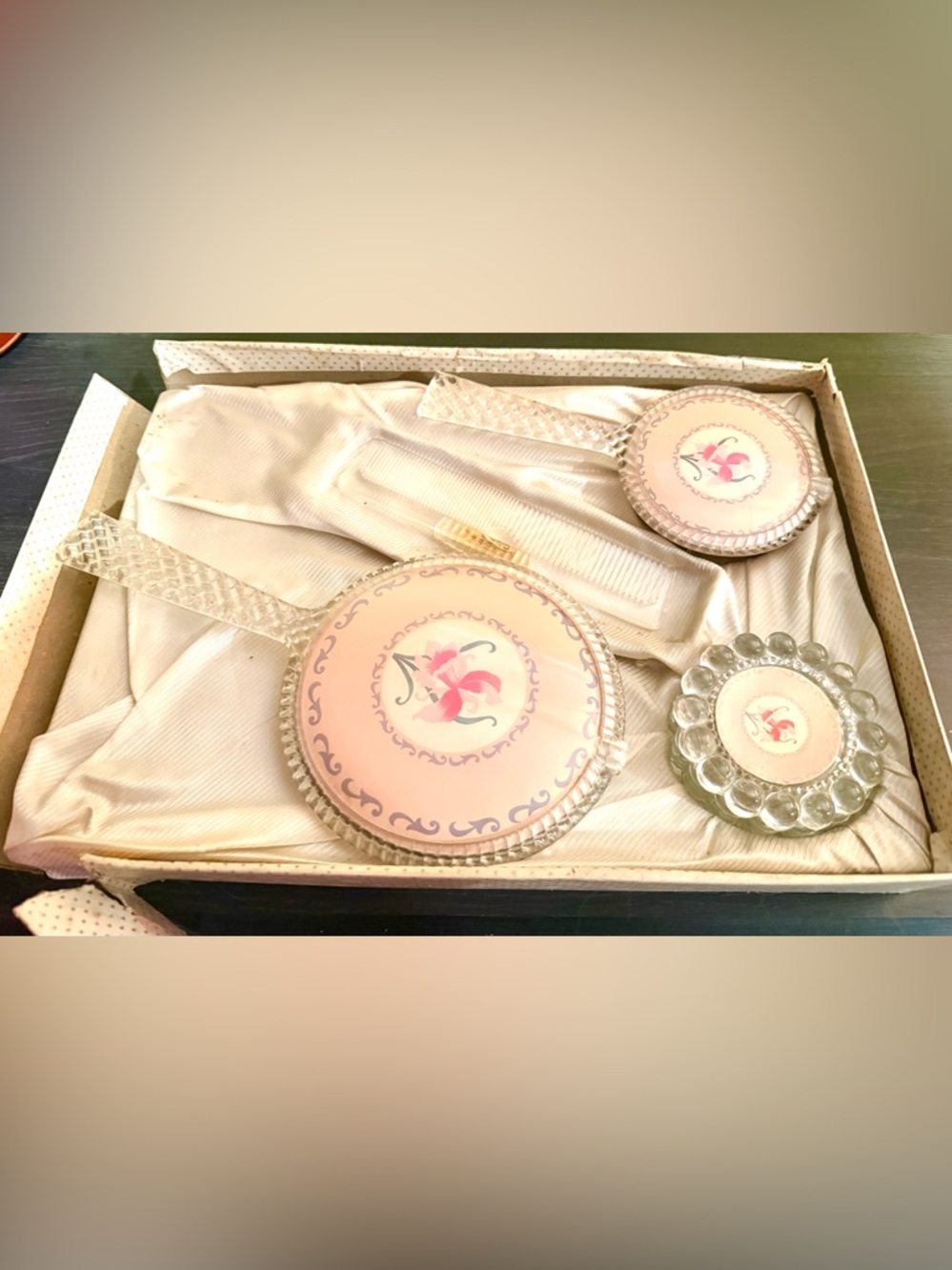 Vintage rose boudoir pink  vanity set, brush comb mirror box